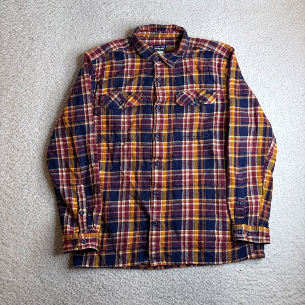Patagonia Fjord Flannel Shirt Mens Large Organic Cotton Plaid Button Down Blue